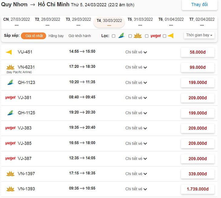 Giá vé máy bay chặng Quy Nhơn - HCM giá rẻ